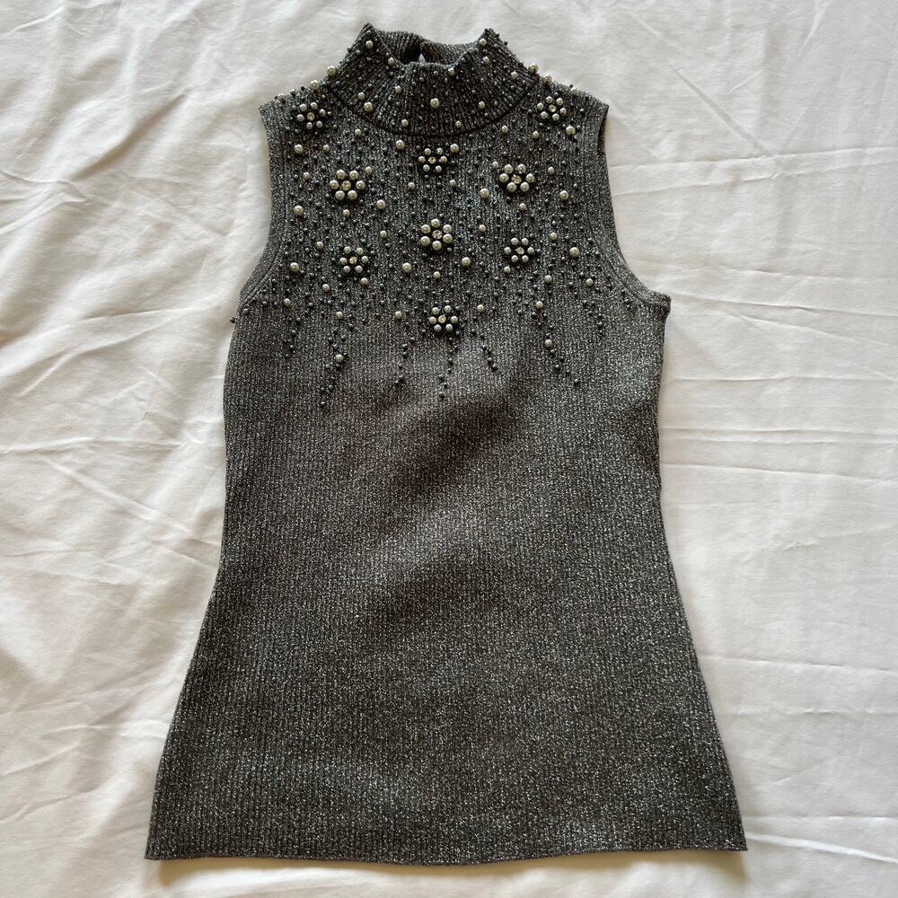 Cache Vintage Y2K Silver Gray Ribbed Mock Neck Top Rhinestone Beaded Jewel S